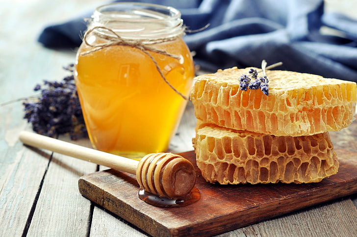 honey jar, cell, spoon, Bank, Board, lavender, honeycomb, food, HD wallpaper