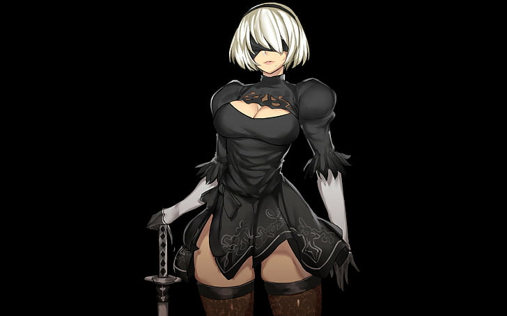 2B (Nier: Automata), black background, Blindfold, cleavage