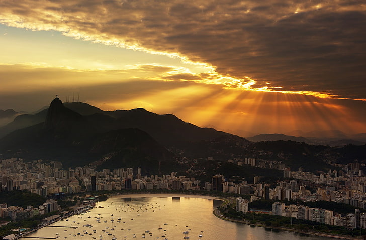 city buildings, the sky, clouds, sunset, the ocean, boats, Brazil
