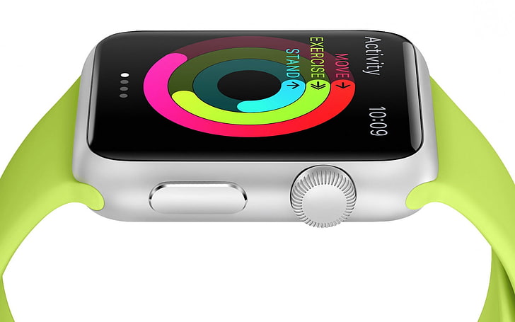 silver Apple Watch with green Sport Band, ios, retina, technology, HD wallpaper