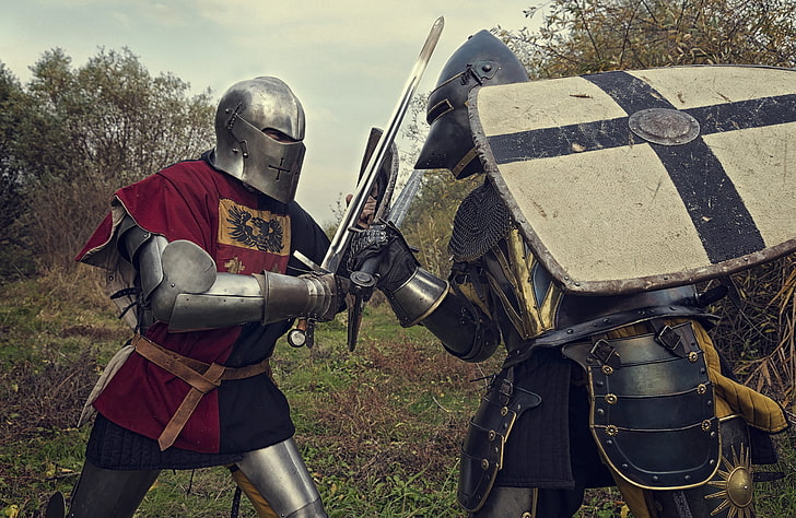 grey knight armor, metal, swords, knights, the fight, hats, knight - person, HD wallpaper