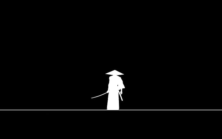 sword, minimalism, weapon, hat, line, katana, man, black background, HD wallpaper