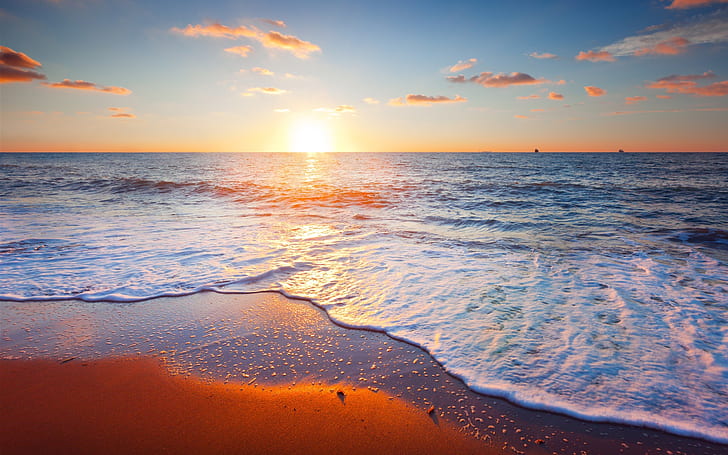 Beautiful sunset scenery, sea, sky, clouds, sand, beach, seashore and sand dunes, HD wallpaper