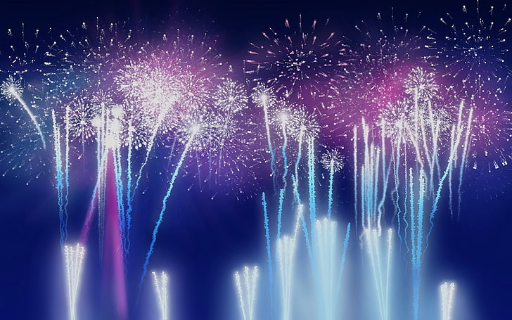 blue and pink fireworks, firework display, celebration, illuminated, HD wallpaper