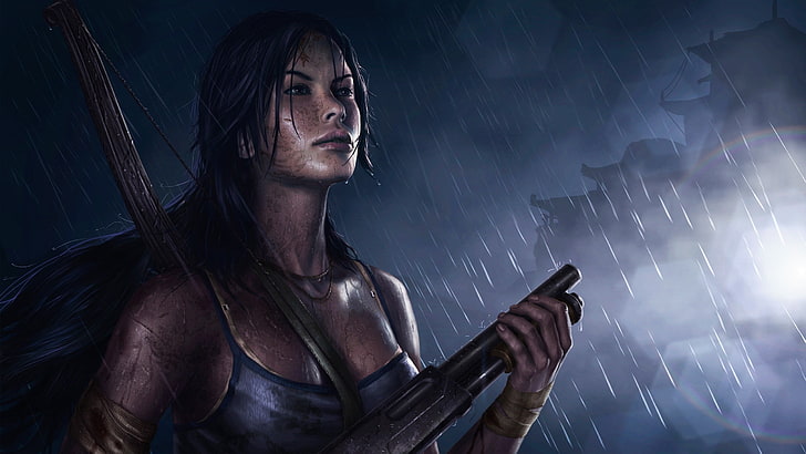 woman holding shotgun digital wallpaper, Lara Croft, Tomb Raider