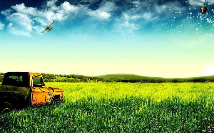 Dream of green pastures and old trucks, HD wallpaper