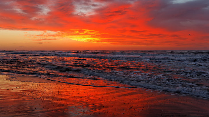horizon, sea, burning sunset, afterglow, red sky, ocean, beach, HD wallpaper