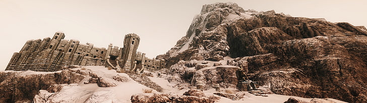 gray stone mountain-side fortress, The Elder Scrolls V: Skyrim, HD wallpaper