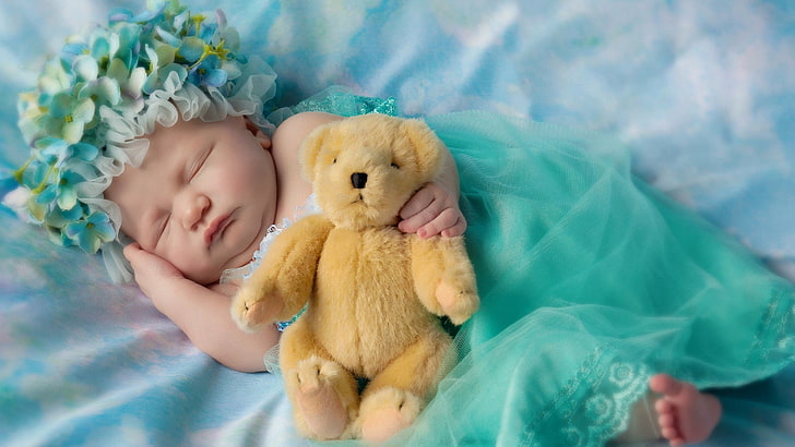 baby, teddy bears, childhood, eyes closed, lying down, young, HD wallpaper