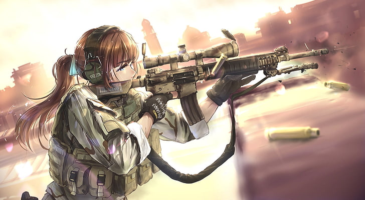 brown-haired woman with rifle anime character illustration, TC1995