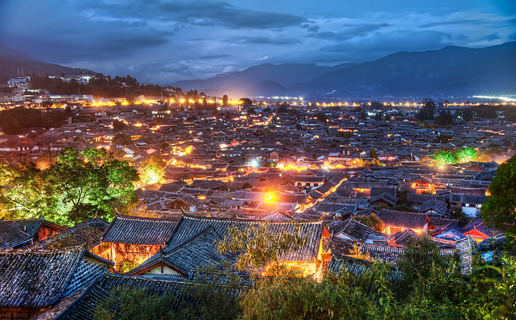 The Village Of Lijiang, black roofs, Asia, China, Lights, Night