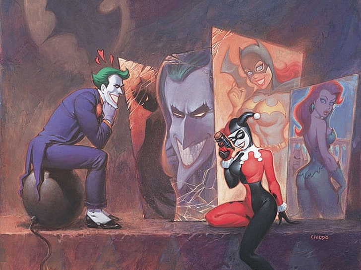 The Joker and Harley Quinn illustration, Batman, Batgirl, Poison Ivy
