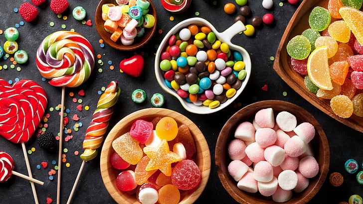 stack of assorted-flavor candies, candy, marmellou, jellies, lollipop, HD wallpaper