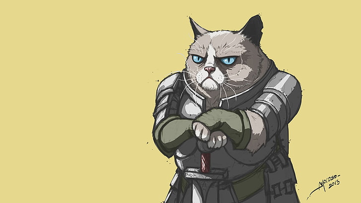 cat holding sword character illustration, digital art, Grumpy Cat HD wallpaper