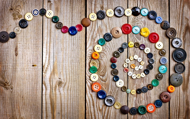 assorted clothes buttons, scroll, colorful, wooden floor, wood - Material, HD wallpaper