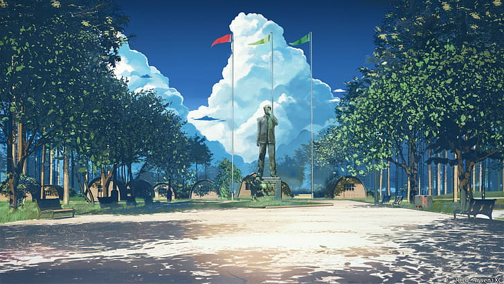 flag, Everlasting Summer, clouds, landscape, bench, blue, ArseniXC, HD wallpaper