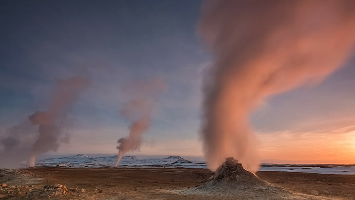landscape, geysers, Iceland, sunset, orange sky, geothermal place, HD wallpaper