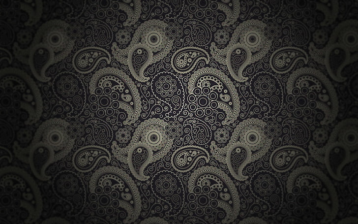 gray and black paisley illustration, pattern, dark, gradient