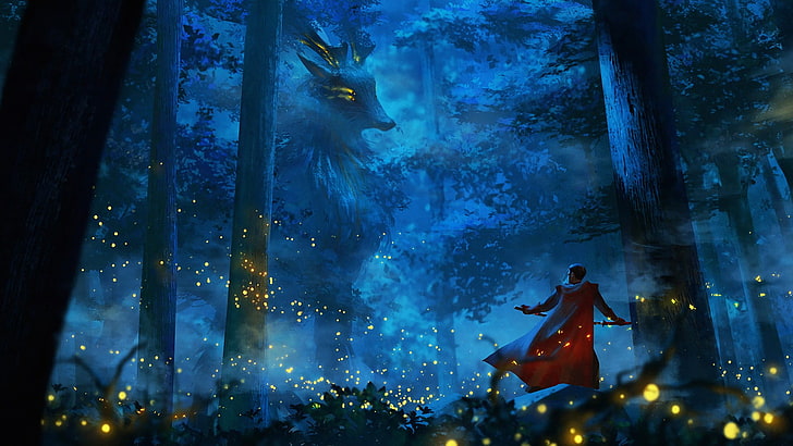 person with red cape standing near animal wallpaper, anime, creature