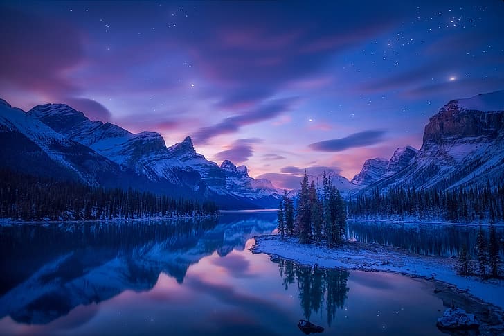 mountains, night, lake, reflection, island, Canada, Albert