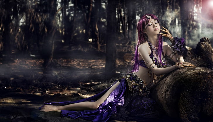 Asian, women, model, fantasy girl, purple hair