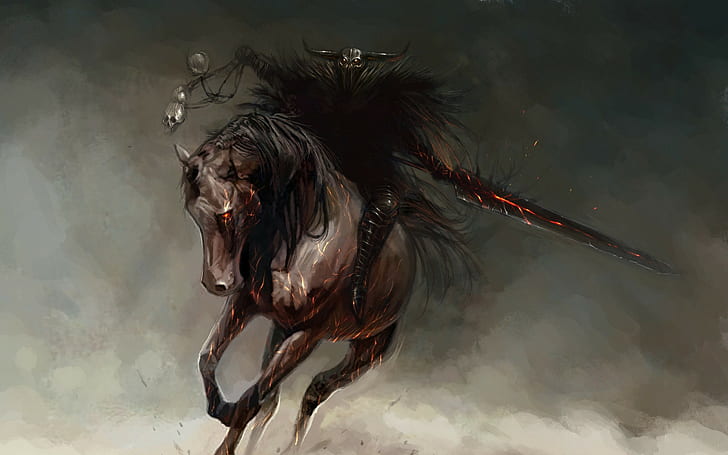 fantasy art horse sword skull warlocks red eyes horseman war, HD wallpaper