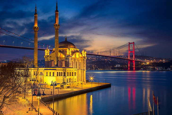 night, bridge, lights, Strait, mosque, Istanbul, Turkey, the minaret, HD wallpaper
