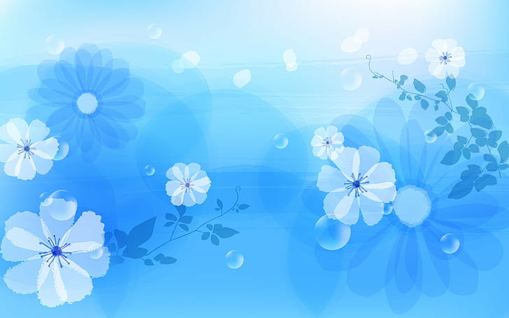 flowers, drawing, blue, HD wallpaper