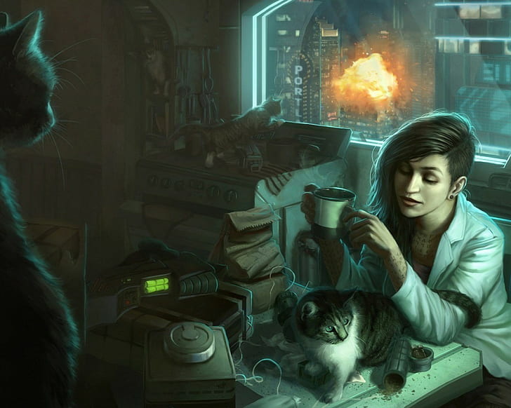 Cyberpunk, Futuristic, Woman, Cats, HD wallpaper