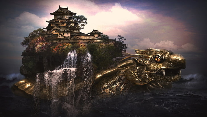 white and black house with dragon boat digital wallpaper, digital art