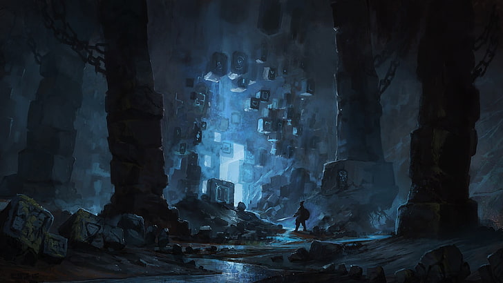 man walking towards cave illustration, science fiction, fantasy art