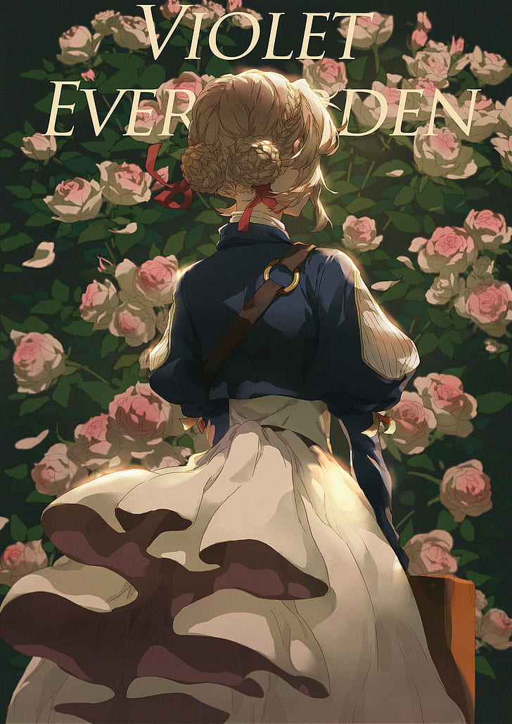Violet Evergarden, anime girls, fan art, vertical, pink roses, HD wallpaper