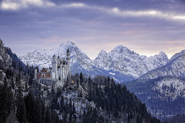 white castle, neuschwanstein castle, bavaria, germany, mountain, HD wallpaper