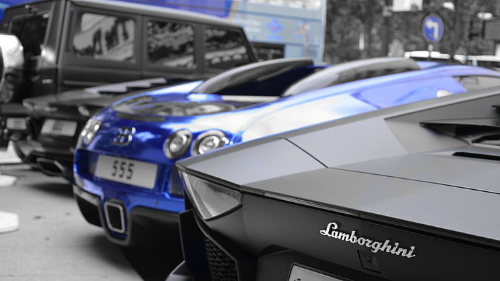 assorted vehicles, car, Lamborghini Aventador, Buggati, blue cars, HD wallpaper