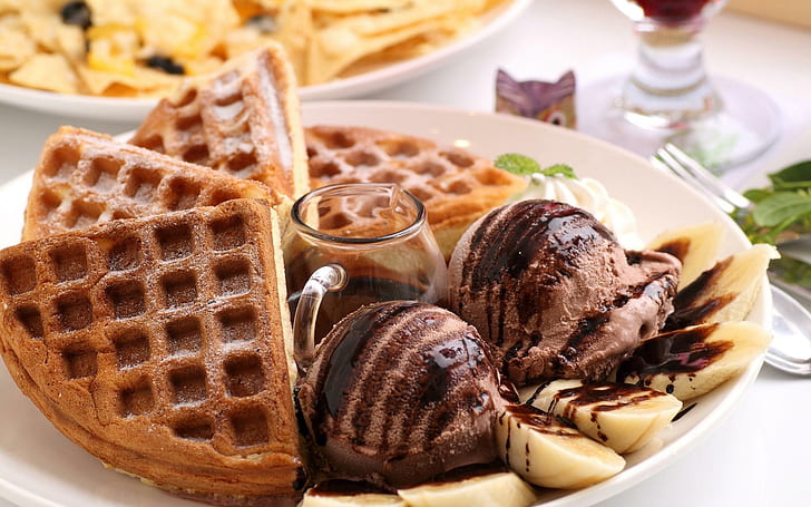 Waffle with chocolate ice cream, waffles with chocolate ice cream, HD wallpaper