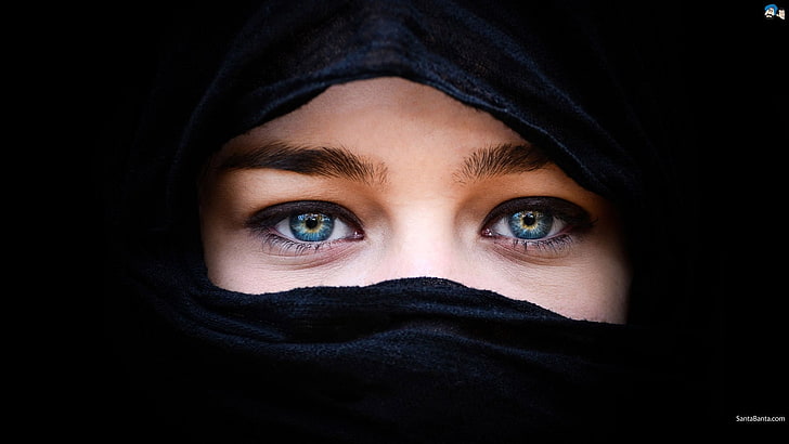 eyes, blue eyes, women, black, Muslim, model, face, body part