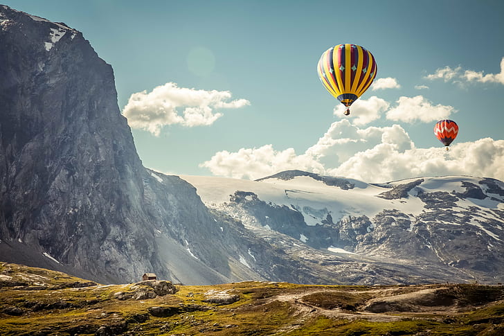 hot air balloon on flight over mountain alps, Visita, filter