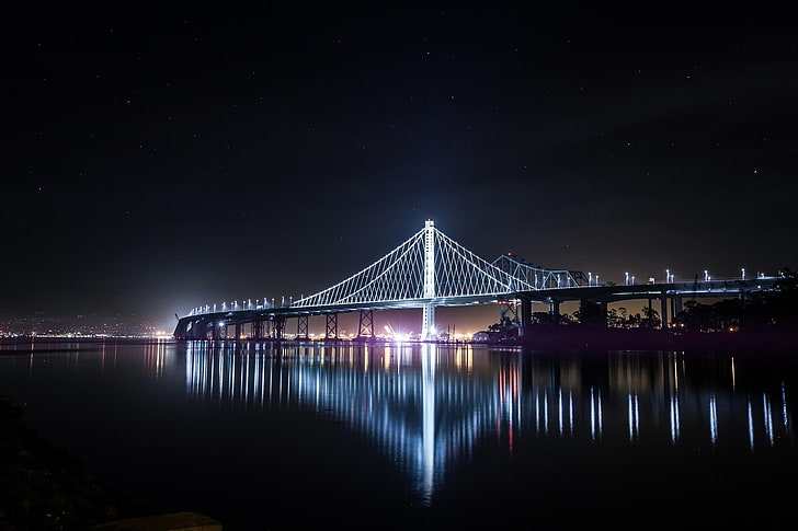 architectural photography of bridge, night, landscape, lights