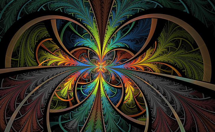 Feathered Stained Glass HD Wallpaper, red, blue, and green abstract artwork