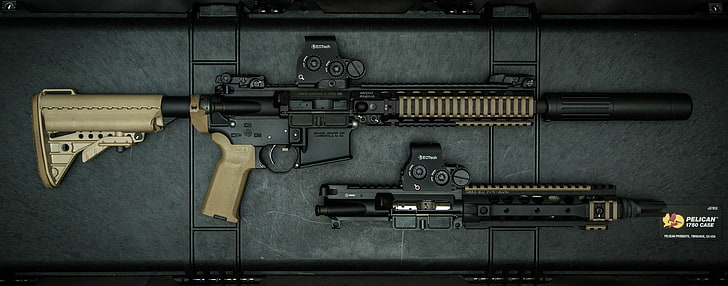 gun, AR-15, assault rifle, black rifle, weapon, indoors, military, HD wallpaper