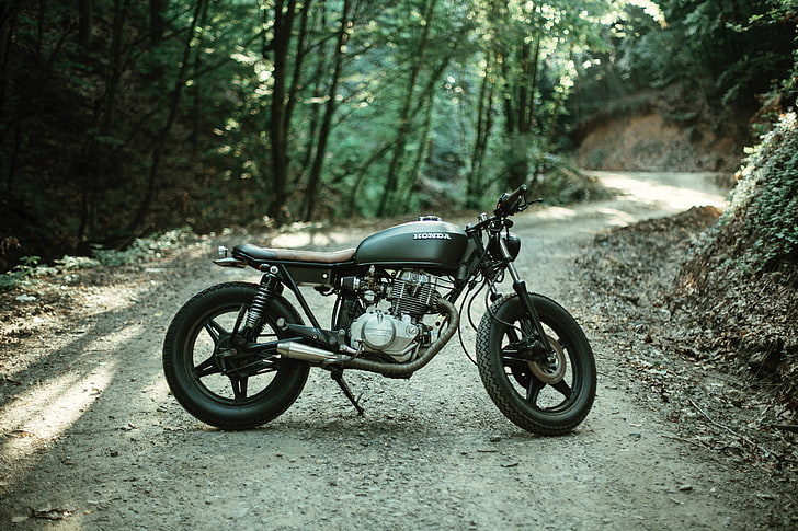 black cafe racer, motorcycle, side view, blur, outdoors, transportation