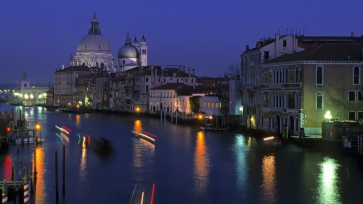 Venice Grand Canal, cityscape, night, lake, boat, lights, building
