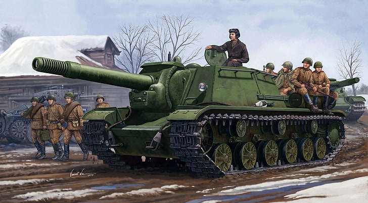 green fighter tank, art, soldiers, The great Patriotic war, self-propelled artillery, HD wallpaper