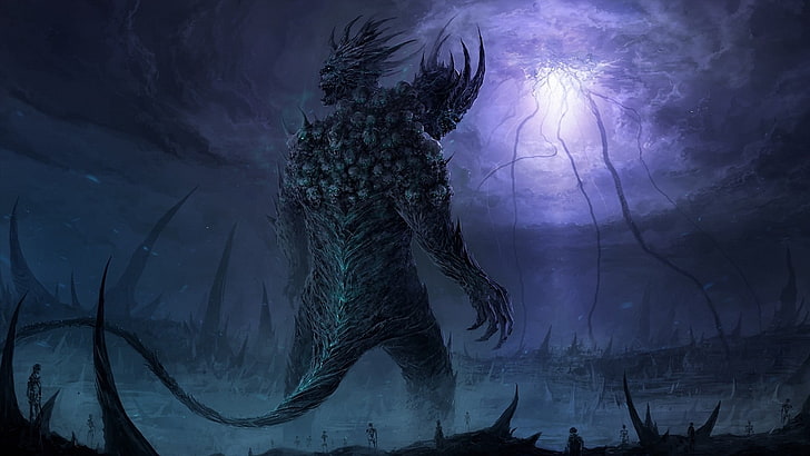 giant monster standing on body of water digital wallpaper, fantasy art