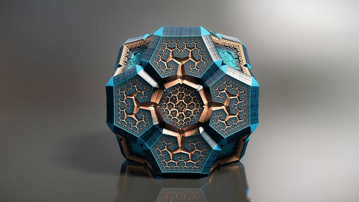 teal and gold cube decor, 3D, pattern, studio shot, gray background