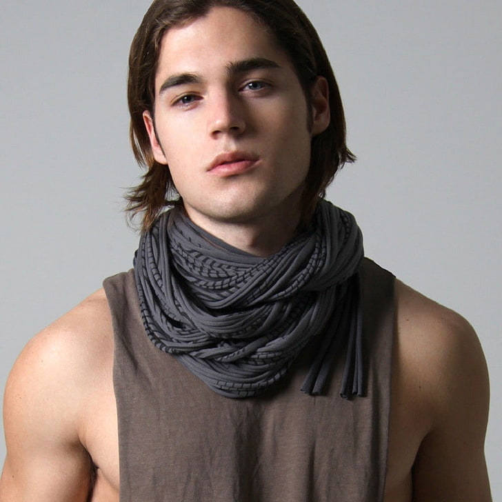 scarf, men, sleeveless, portrait, studio shot, gray background
