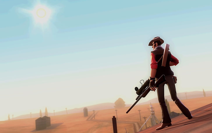 man holding rifle video game screenshot, Team Fortress 2, sky, HD wallpaper