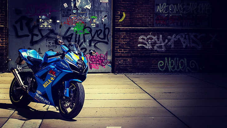 blue sports bike, Suzuki GSX-R, motorcycle, graffiti, urban, transportation