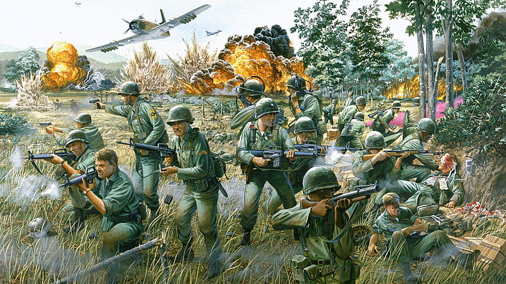 army of soldiers illustration, war, figure, explosions, battle