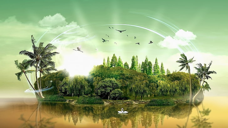 swamp digital wallpaper, digital art, nature, landscape, grass, HD wallpaper